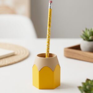 Teacher pencil holder with yellow pencil